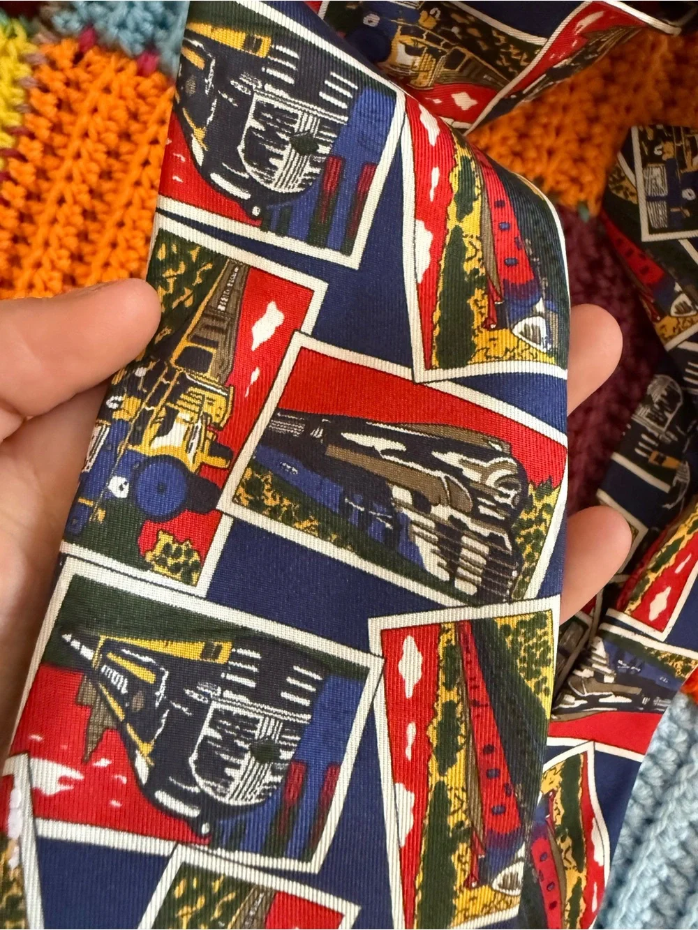 Vintage trains silk Navy Tie with Red, Yellow, Green and Cream Postcard Motif